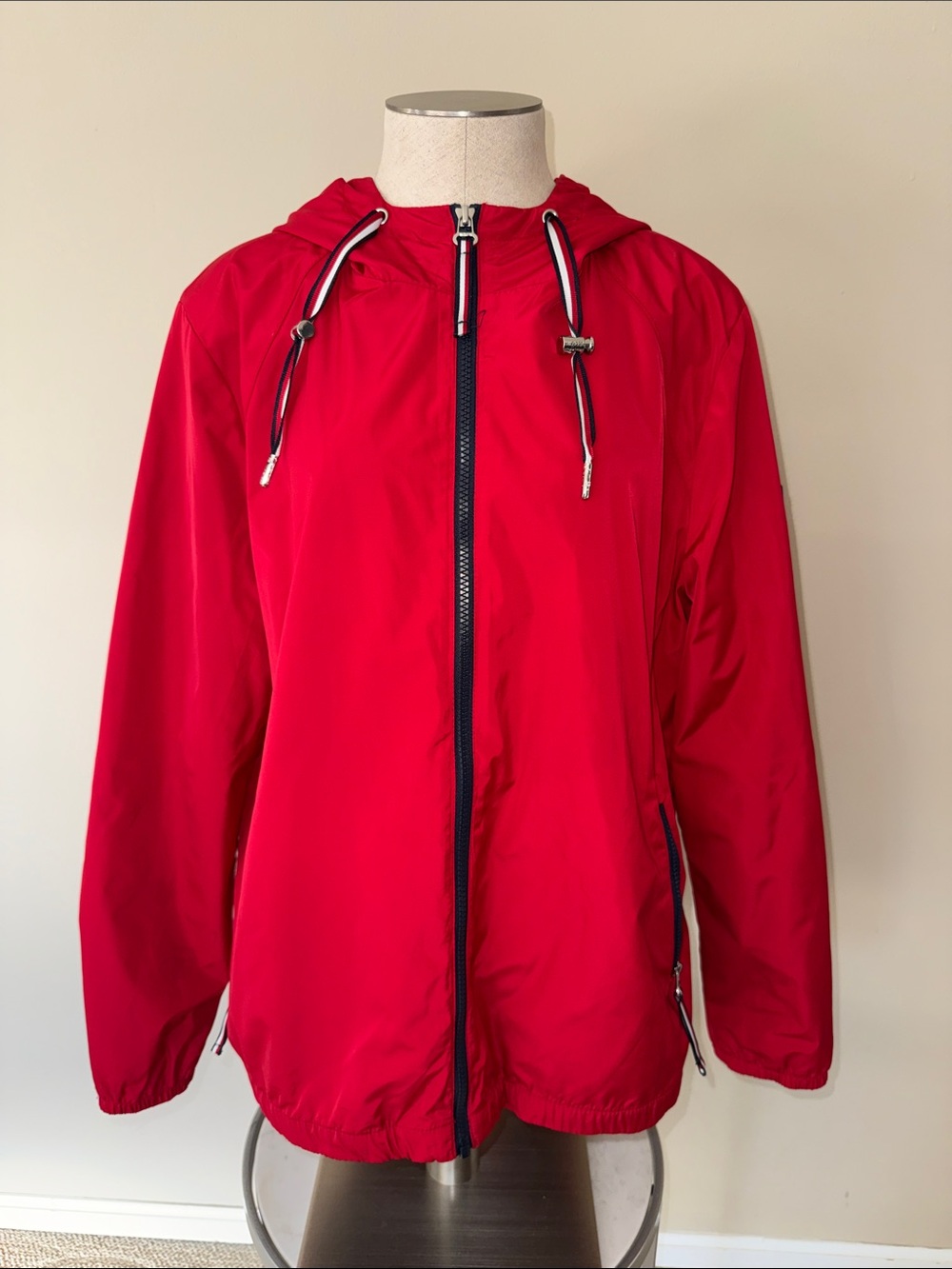 Tommy Hilfiger Red Hooded Raincoat with Navy Trim